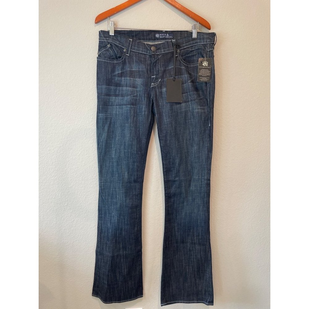 NWT Rock & Republic Kasandra Dark Wash Multi Color Rhinestone Pocket Bootcut Jea